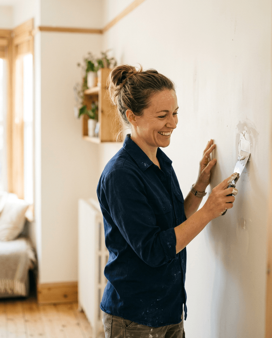 Illustration: a pro smoothing a small wall patch in a living room